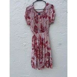 Kaye and Lea Floral Chiffon Midi Dress Pink Red Smocked Waist Tiered Skirt 10P